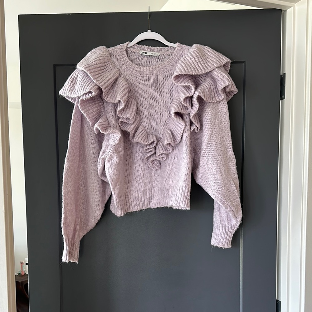 Zara Purple Crew Neck Sweater with Ruffled Details